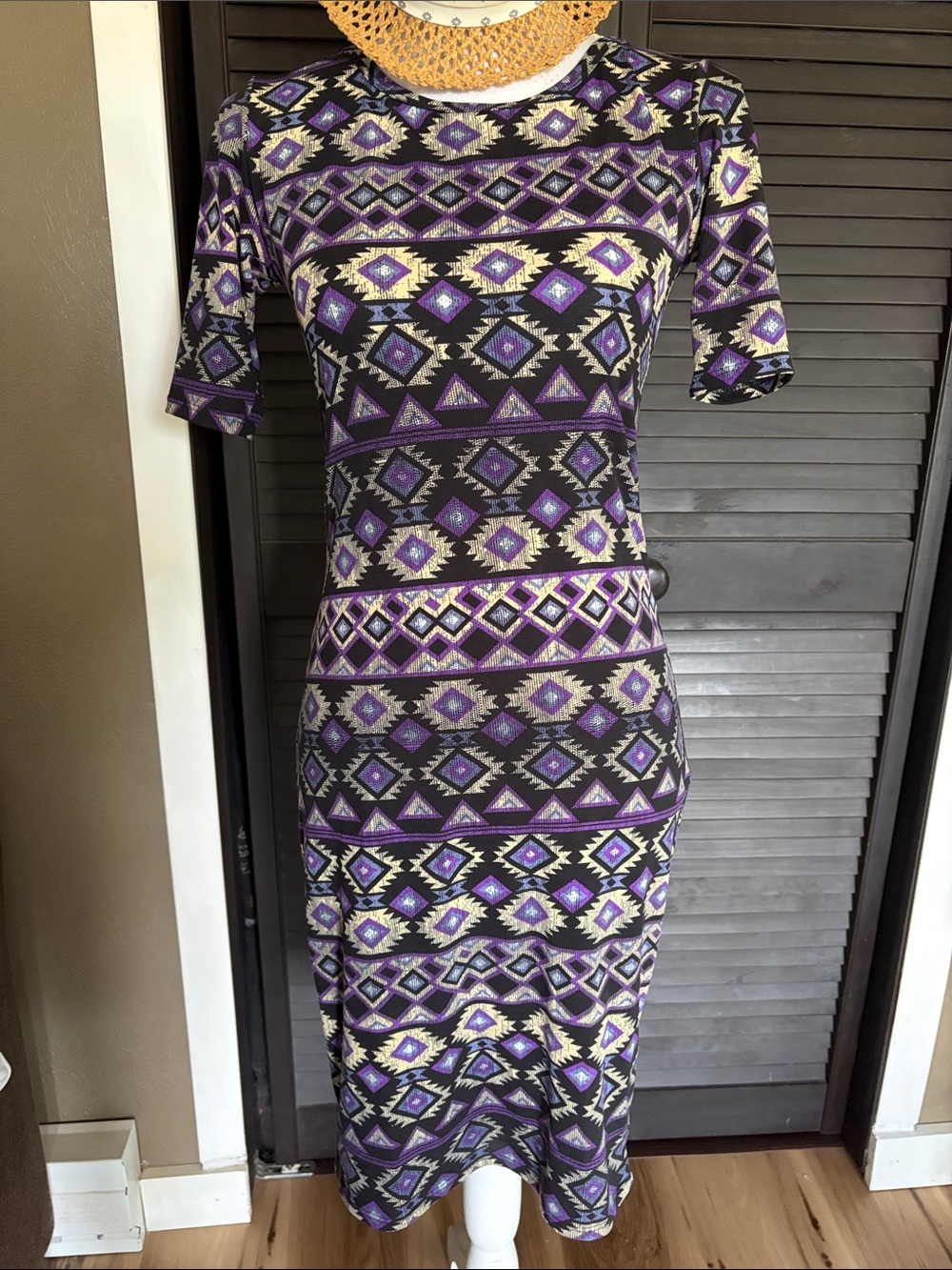 LuLaRoe Purple, Black & Cream Geometric Midi Dress